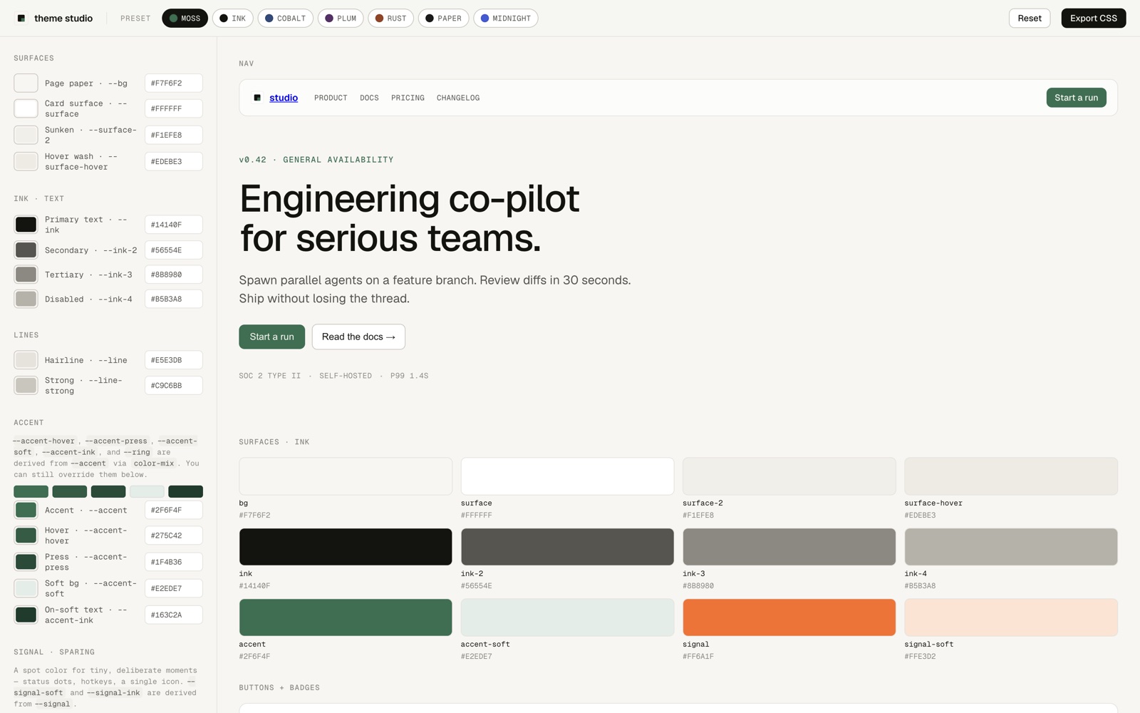 Screenshot of an HTML design system: a theme studio with a sidebar of colour token controls and a preview area showing nav, hero, buttons, badges, and a terminal mockup.